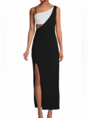 RACHEL Rachel Roy Black and Eggshell One-Shoulder Cutout Maxi Dress with Slit